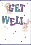 Bursting with warmth and cheer, this get well card features two irresistibly adorable companions-a plush teddy bear and a lively puppy-illustrated in such a way that they appear to spring joyfully from the soft cream background. The pair each balance and cradle the oversized, vibrant letters spelling out 'Get Well', infused with hues of indigo and teal that bring a gentle yet confident vibrancy, echoing the palette of springtime flowers found in Chessington gardens. Sprinkles of blue and purple stars twinkle around the duo, filling the scene with playful whimsy and hope, as if sending good wishes across Moor Lane. The soft, friendly fur of both animals is rendered so invitingly that you can imagine their comforting embrace, much like the serenity one finds in a hand-tied bouquet from the local florist. There's a nurturing energy that radiates from the artwork, every detail thoughtfully placed with the same care that goes into every get well bouquet for delivery in Chessington. This card captures not only a heartfelt message but the gentle spirit of the community-a perfect gesture of comfort and encouragement for anyone on the mend.